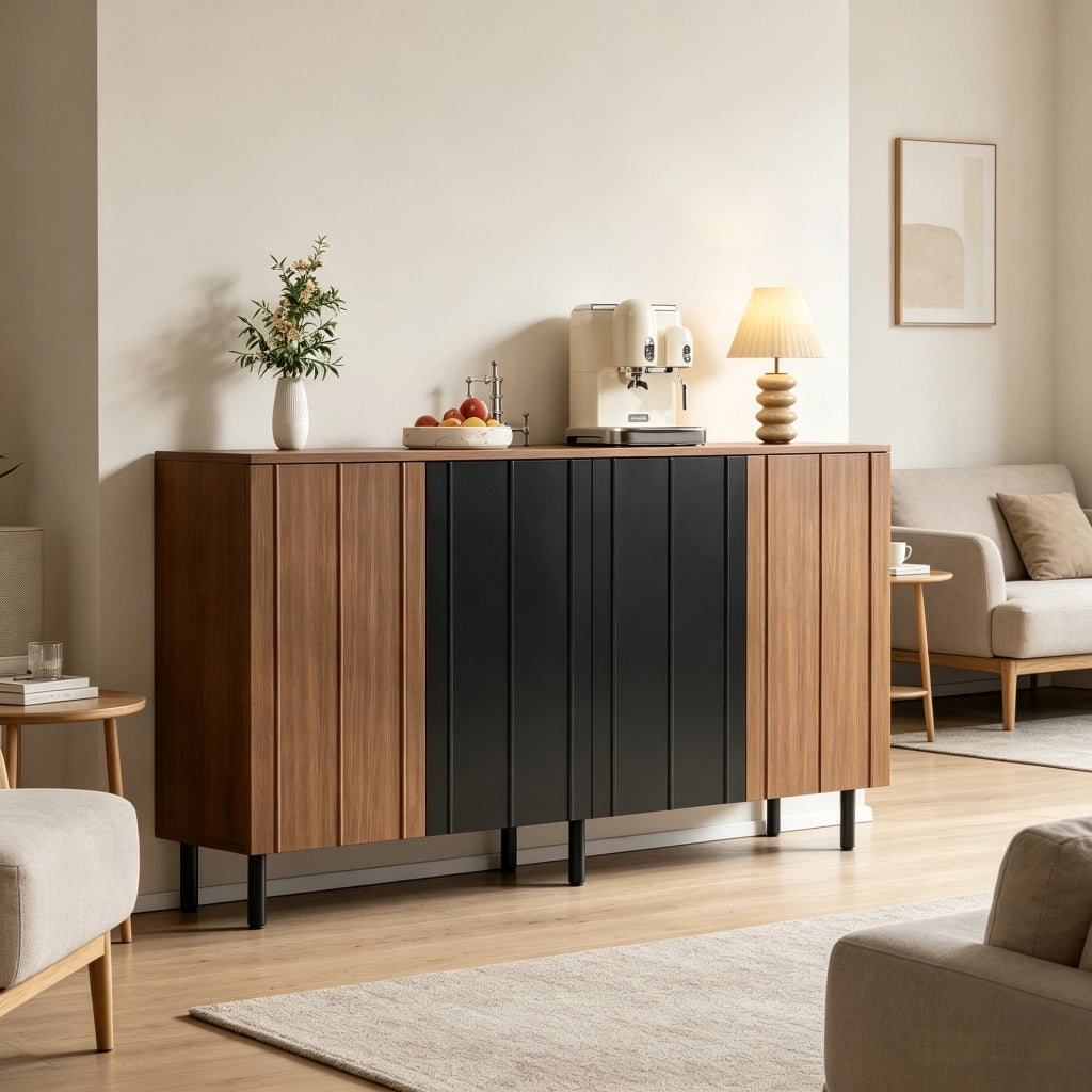Buffet 160 ¡Á 35 ¡Á 80 cm in truciolare, finitura noce e nero, con 4 ante, ripiani regolabili e portata max 80 kg