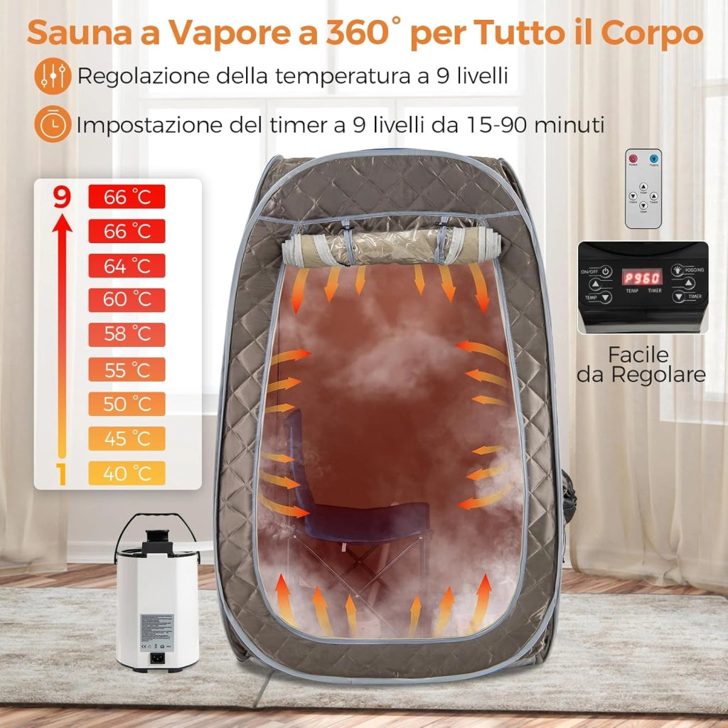 Sauna a Vapore Portatile 3L, Sauna da Casa con 9 Livelli di Regolazione della Temperatura da 40-65℃, Telecomando, Sedia Pieghevole e Massaggiatore per Piedi in Legno (Grigio)