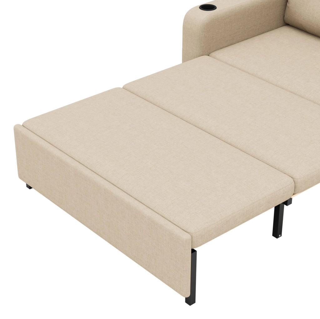 Divano letto 131x81x94 cm in tessuto misto cotone e lino beige con USB， portabicchieri