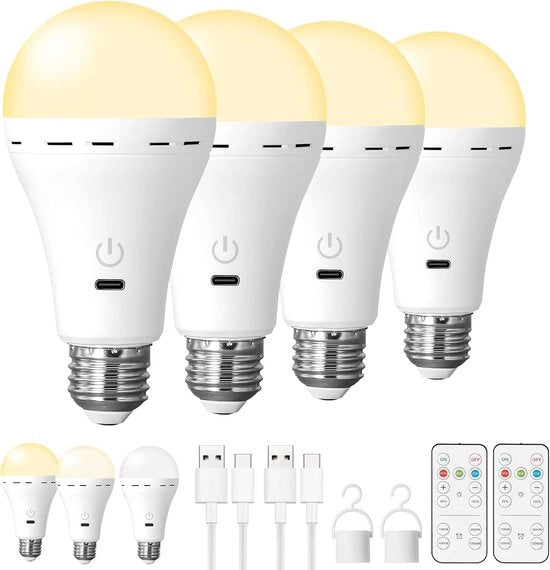 Lampada e27 led ricaricabile - Luci led - 3 color temperature - Con telecomando/ricaricabile/orologio e regolazione della luminosità - Illuminazione di emergenza wireless per interni ed esterni - 4 pezzi