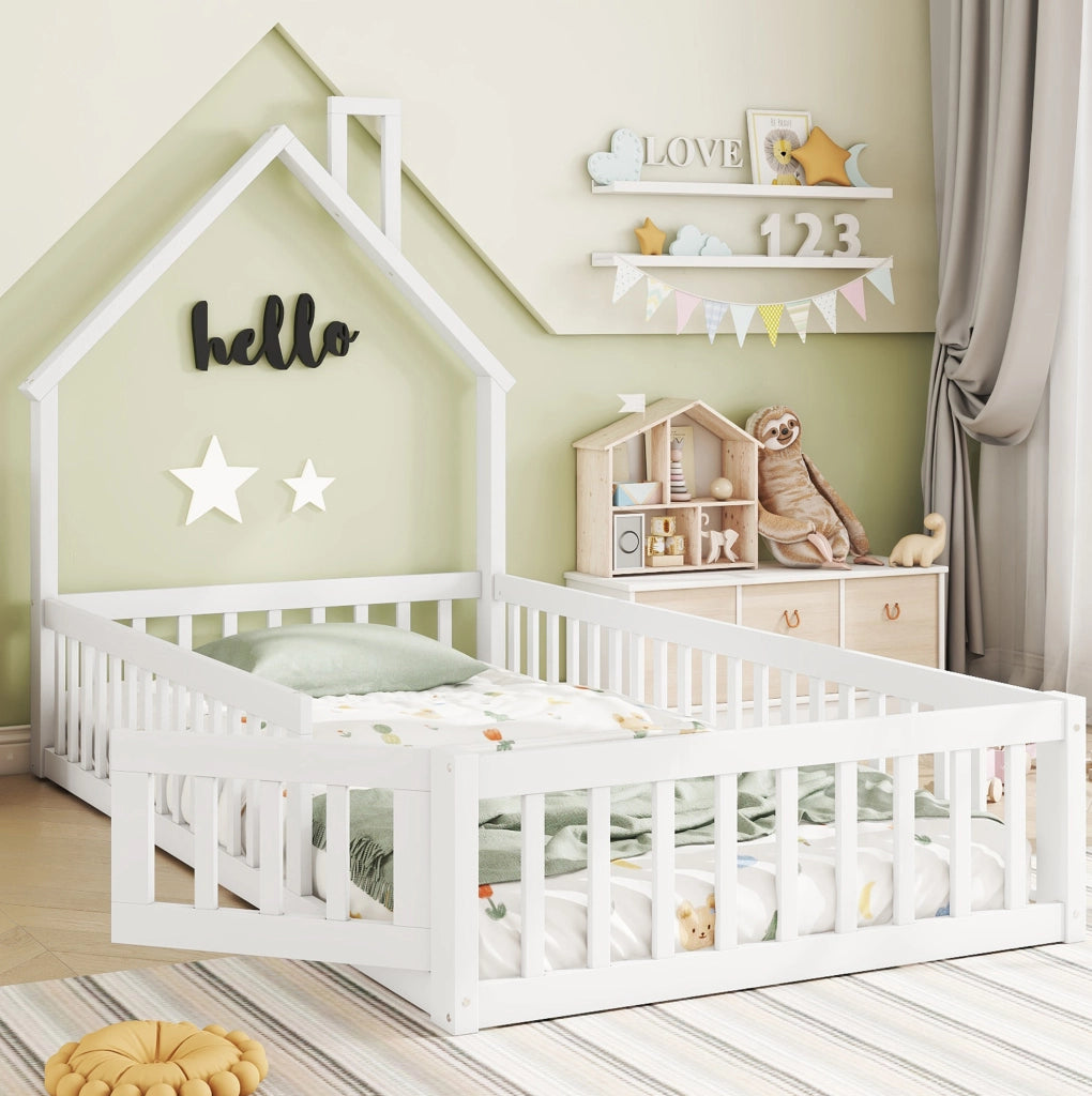 Letto a casetta per bambini 90x200 cm con camino bianco