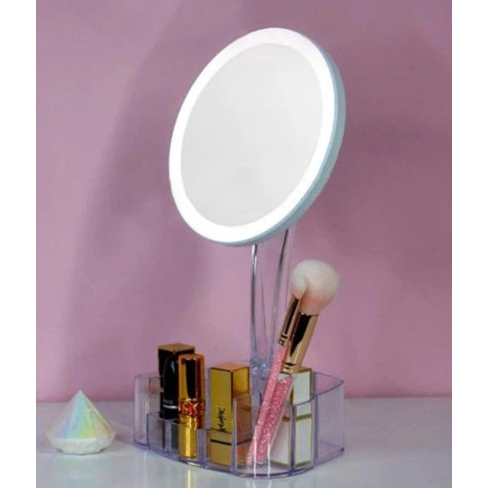 Trade Shop - Specchio Trucco Da Tavolo Con Luce 26 Led Porta Accessori Trasparente Ingrandimento 1x -
