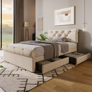 OKWISH Letto con Cassetti 90×200 cm, Letto Singolo con 2 Cassetti, Testiera Regolabile e Imbottitura, senza Materasso, Naturale