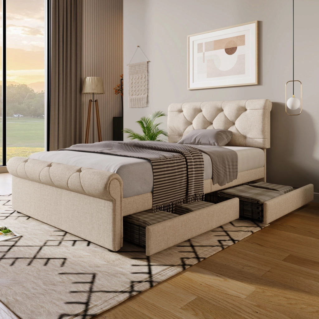 OKWISH Letto con Cassetti 90×200 cm, Letto Singolo con 2 Cassetti, Testiera Regolabile e Imbottitura, senza Materasso, Naturale