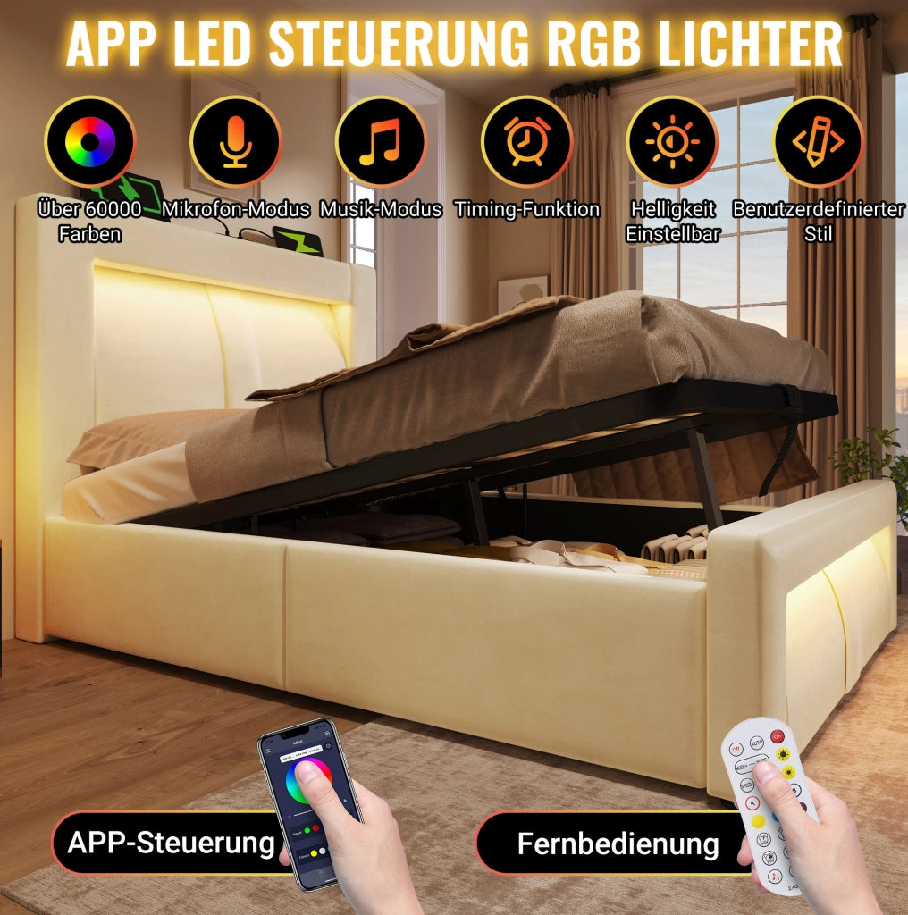 Letto con contenitore idraulico 160x200 cm, LED e prese USB/Type-C, beige