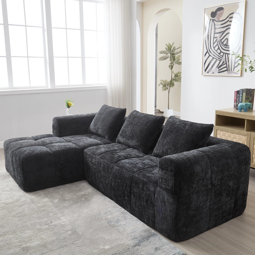 Divano componibile moderno a elle 3 posti in ciniglia con penisola; tasche laterali; senza montaggio; 250 cm; nero