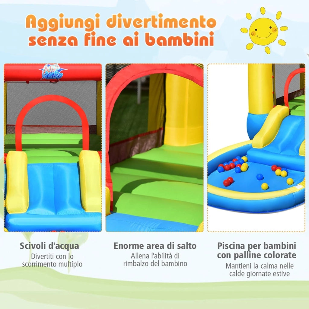Castello gonfiabile per bambini, Con Scivolo ad Acqua, Trampolino e Piscina, per 2 Bambini di 3-5 Anni, Con Borsa di Trasporto e Kit di Riparazione, 365 x 200 x 190 cm (Senza soffiatore)