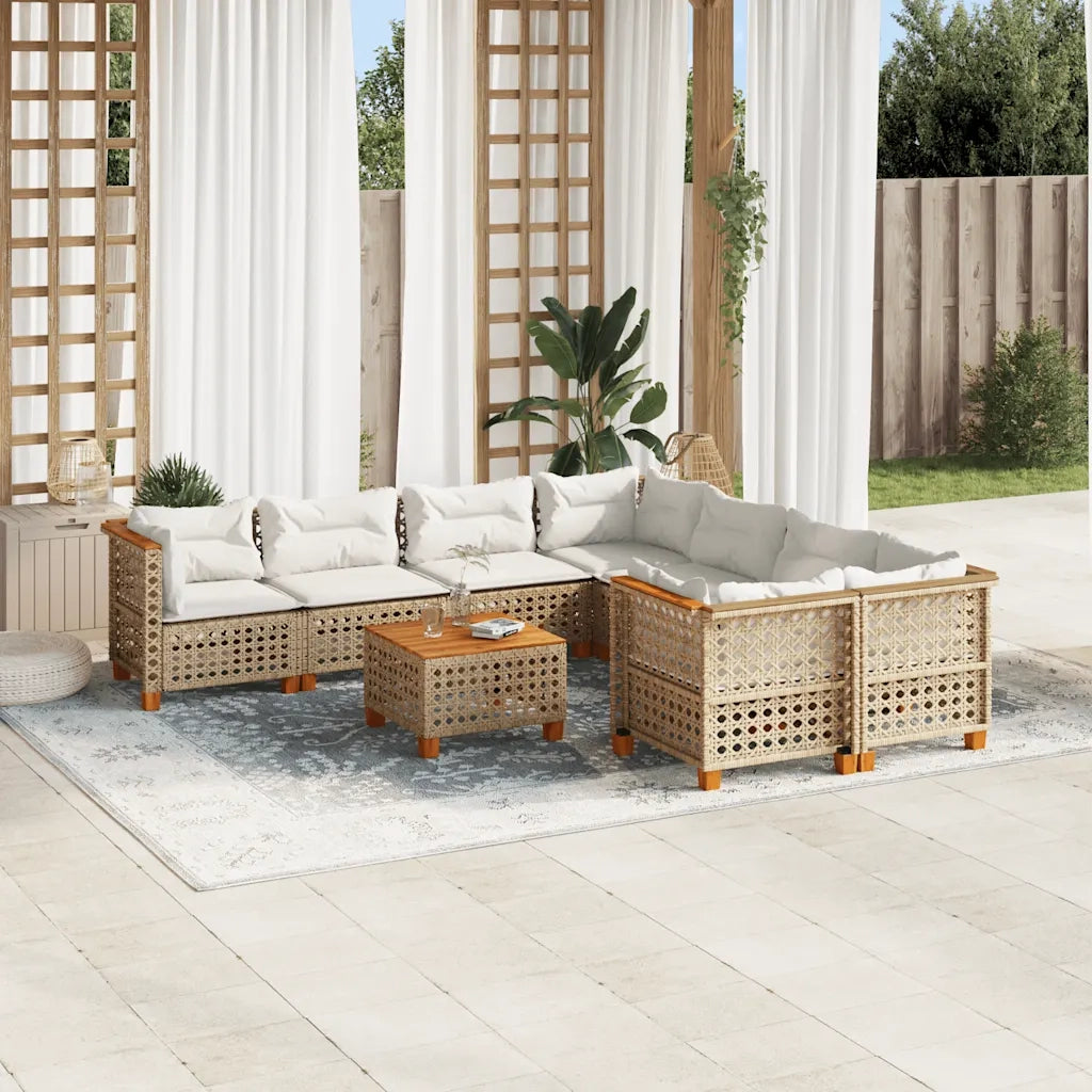 Set Divano da Giardino 9 pz con Cuscini Beige in Polyrattan