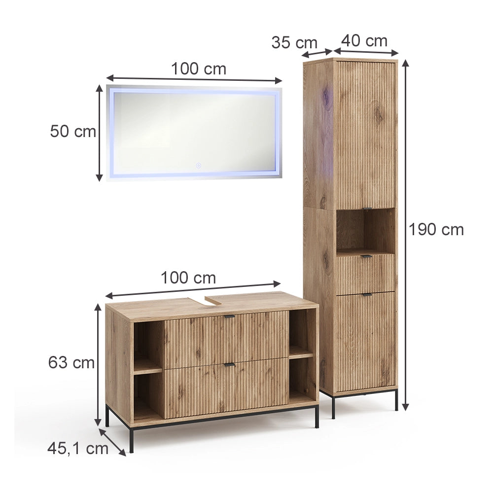 Vicco Set di mobili da bagno Quercia vichinga 3 parti