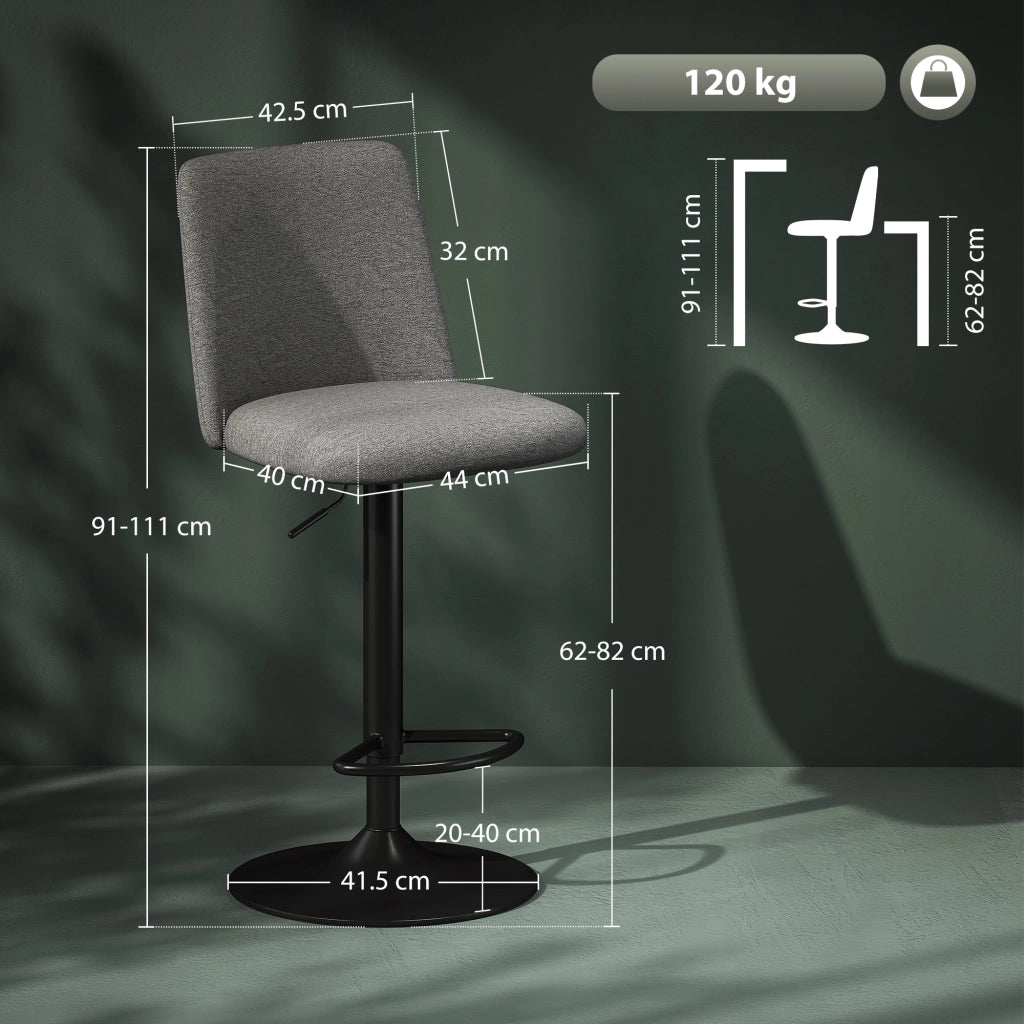 Set 2 Sgabelli da Bar Girevoli 44x53x91-111A cm in Tessuto Effetto Lino Grigio Scuro