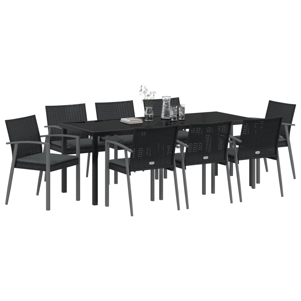 Set da Pranzo da Giardino 9 Pezzi con Cuscini in Rattan Nero