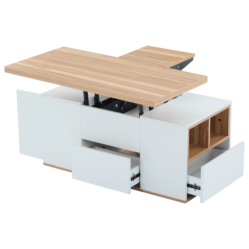 Tavolino da caffè 100x51x47 cm; piano sollevabile 2 in 1 con 2 cassetti; truciolare bianco e colore naturale