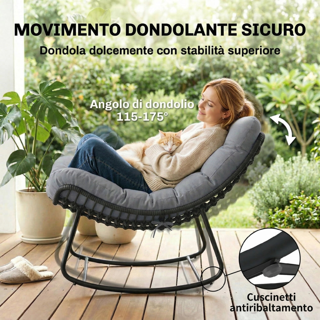 Sedia a Dondolo ¨C Zephmum ¨C Rattan Grigio Scuro con Cuscino