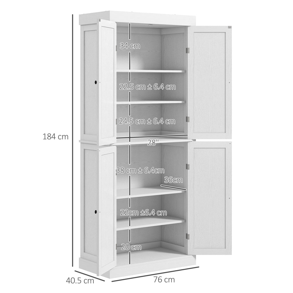 Credenza Mobile Alto Cucina 4 Ante e 6 Ripiani 76x40,5x184 cm in Legno Bianco