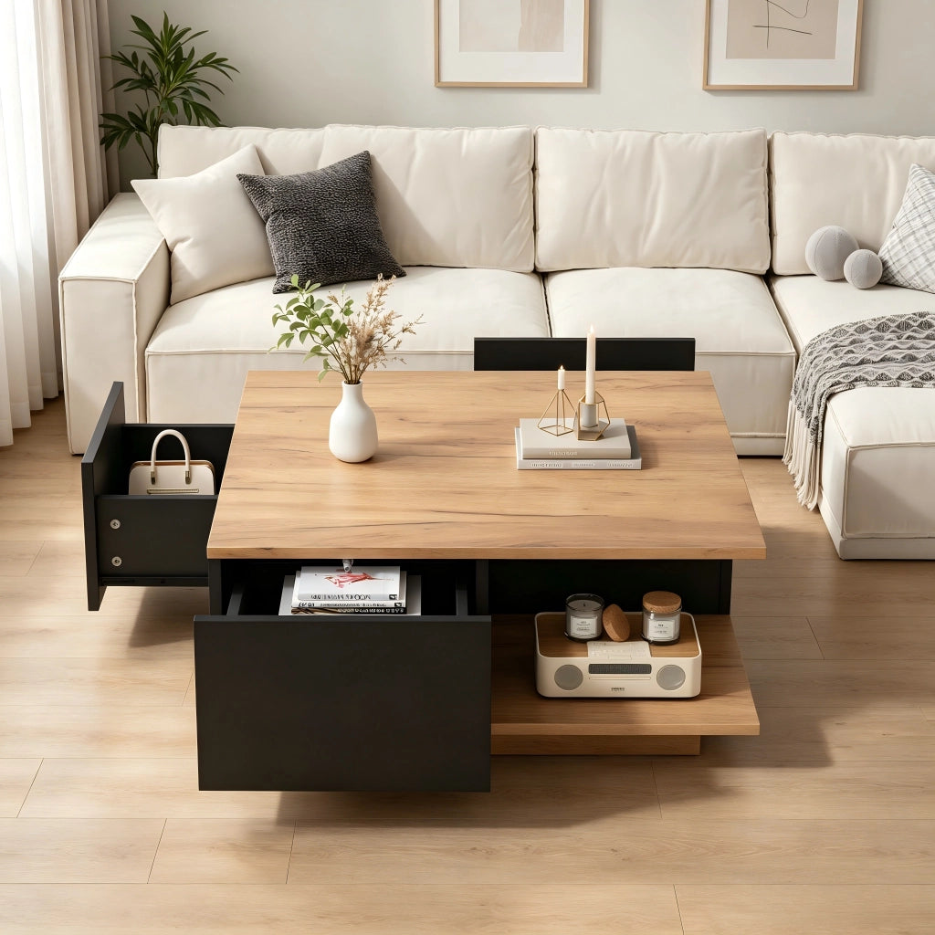 Tavolino da caffè con 3 cassetti e vano aperto; per soggiorno; in truciolare; 70×70×31.5 cm