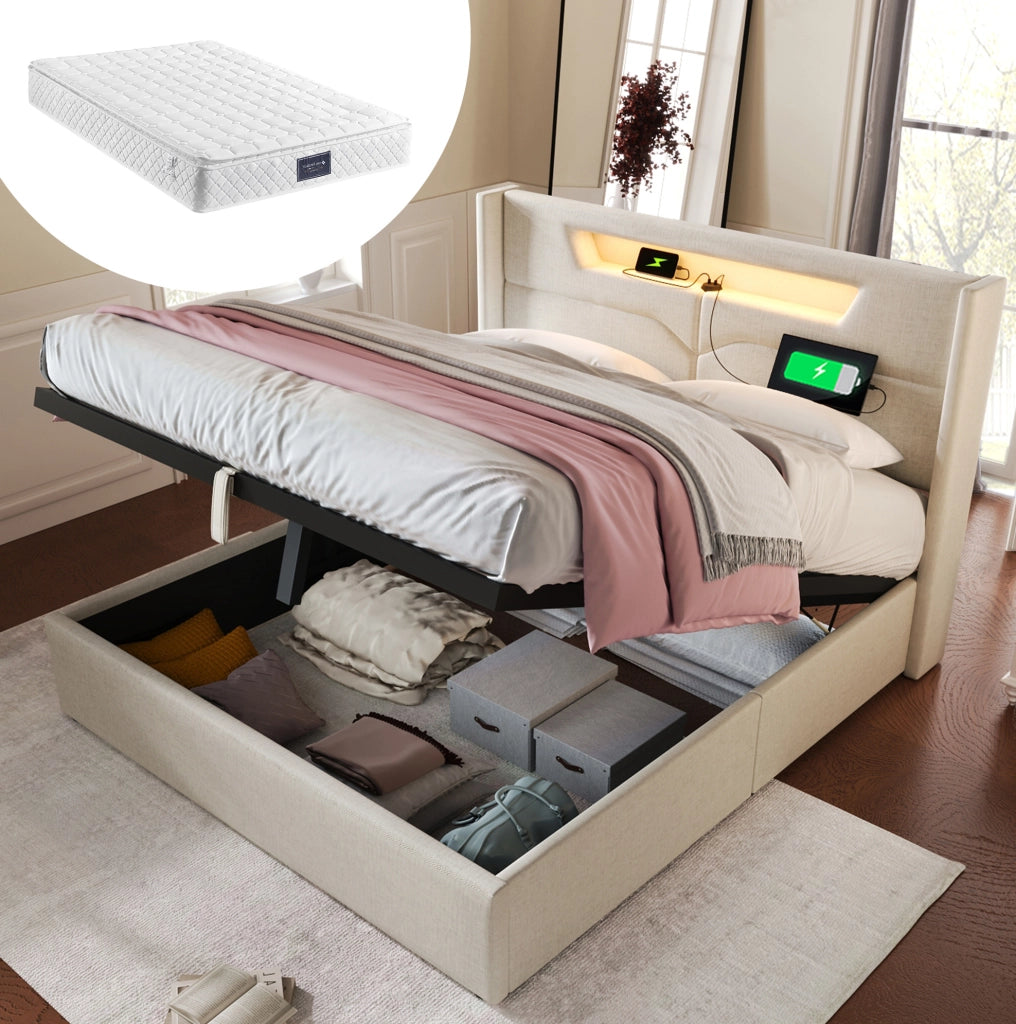 Letto 140x200 beige con LED, USB-C, contenitore e materasso