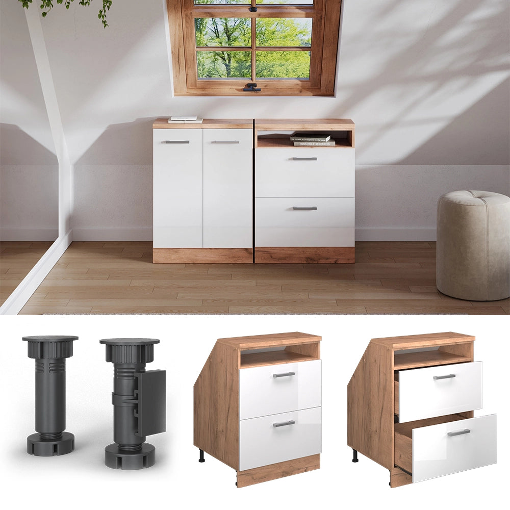 Mobile sottotetto Rion Bianco lucido/Rovere dorato 60 x 83.8 cm con 2 cassetti, carcassa 60 cm profondità Vicco