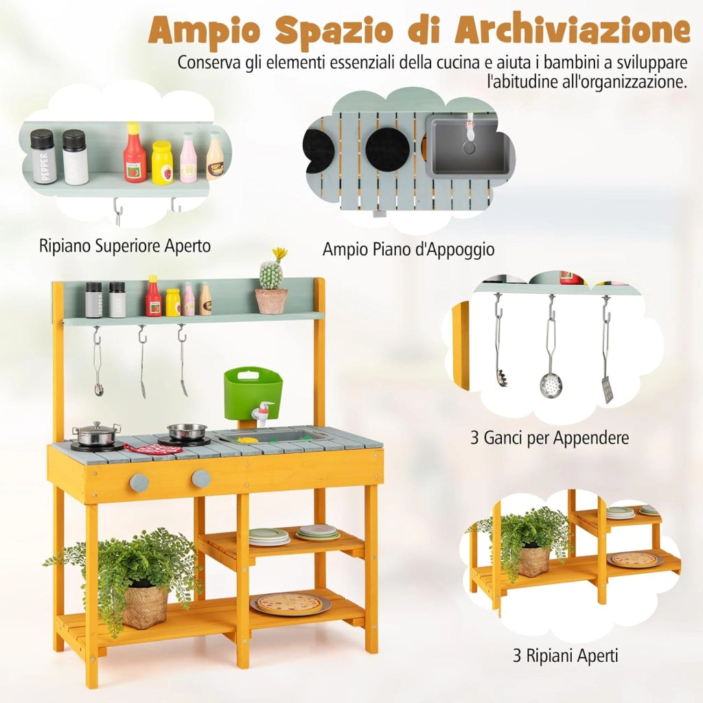 Cucina Giocattolo per Giardino in Legno di Abete, Cucina per Bambini con Serbatoio dell'Acqua e Lavello Rimovibili, 3 Ripiani Aperti, Funzione Suoni, per Bambini 3+ Anni (Arancione e Azzurro)