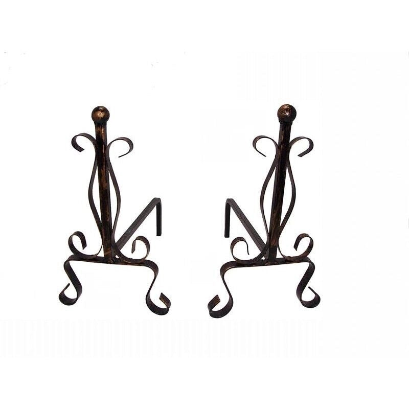 COPPIA DI ALARI IN FERRO BATTUTO CON POMOLO IN OTTONE 20 X 50 X H34 CM