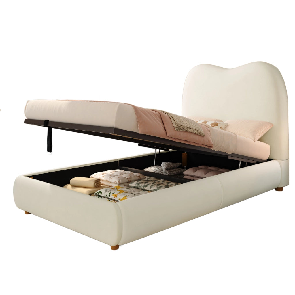 Letto singolo imbottito 90x200 cm con vano contenitore e testiera in velluto beige
