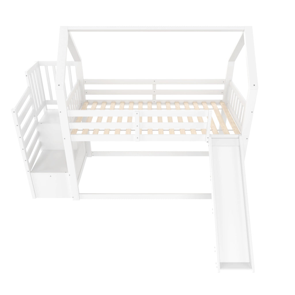 Letto a castello con scivolo e scala portaoggetti in pino 90x200 cm