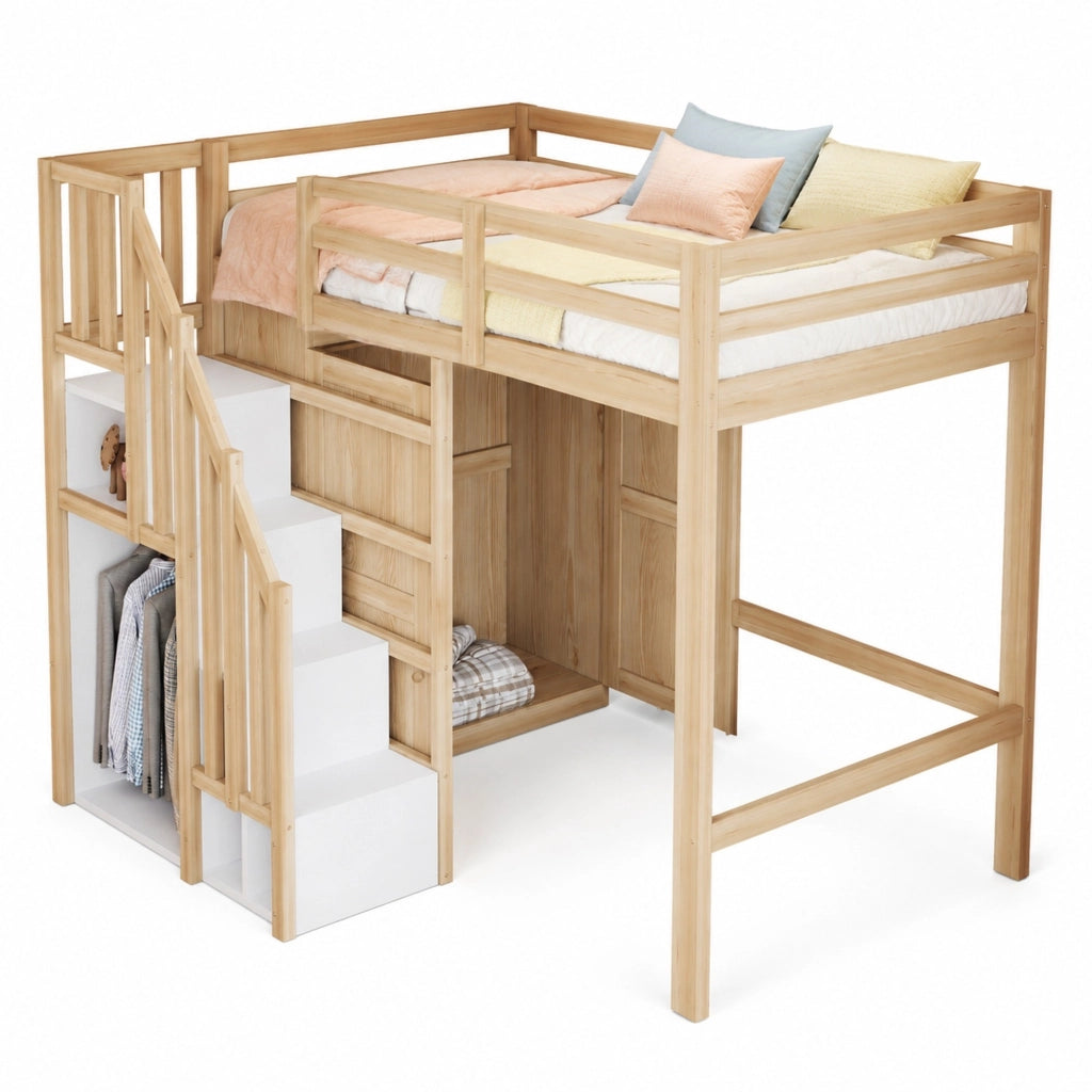 Letto a soppalco 90x200 cm in legno colore naturale con armadio e scala con spazio contenitivo