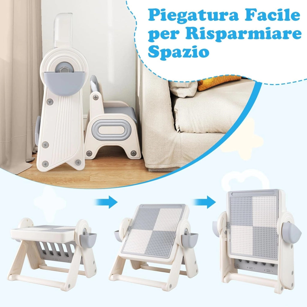 Set Tavolo e Sedia 6 in 1 per Bambini 18+ Mesi, Tavolino Pieghevole con Piano Reversibile, Porta Penne, Cesti Contenitori e Scaffale, Tavolo Salvaspazio per Giochi per Cameretta (Grigio)