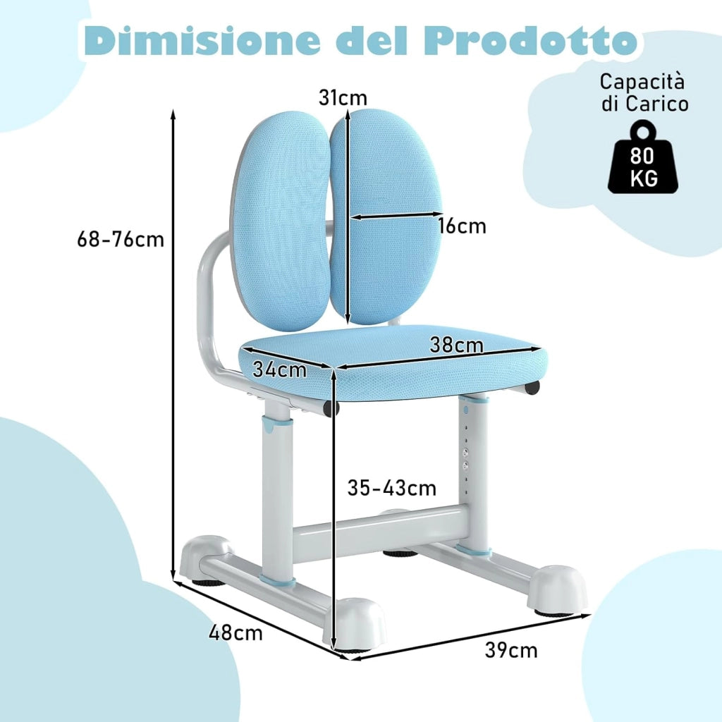 Sedia da Scrivania per Bambini 3+ Anni, Sedia Imbottita per Studiare con Doppio Supporto Lombare e Altezza Regolabile, Chair da Compiti per Casa e Scuola, Portata 100 kg (Blu)