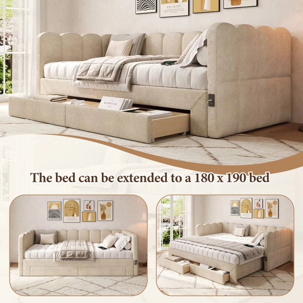 Divano letto con letto estraibile e cassetti, 90x190 cm, chenille beige