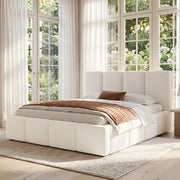 Letto imbottito 180x200 cm con rete e testiera imbottita in bouclé beige