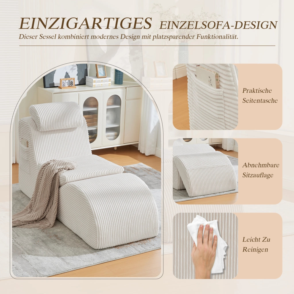 Poltrona singola ergonomica con tasca laterale e cuscino removibile in velluto a coste beige 160 × 66 × 90 cm