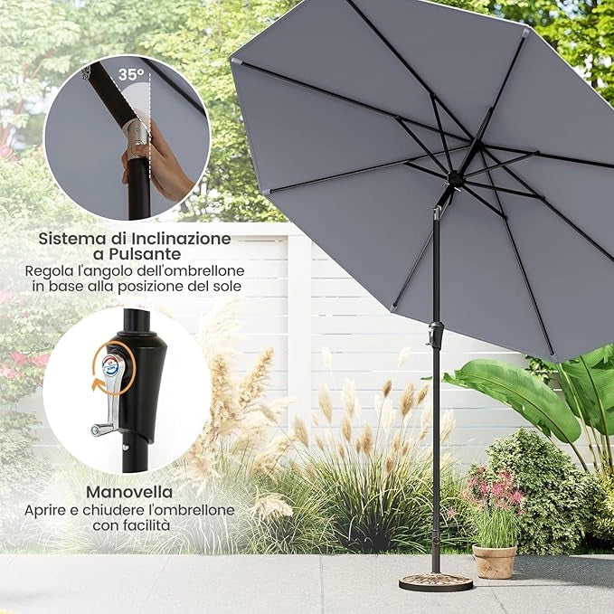 Ombrellone da Giardino 270 cm, Ombrellone da Esterno con Inclinazione Regolabile, Manovella, 8 Stecche, Tettuccio Ventilato, Ombrellone Parasole per Spiaggia, Bordo Piscina