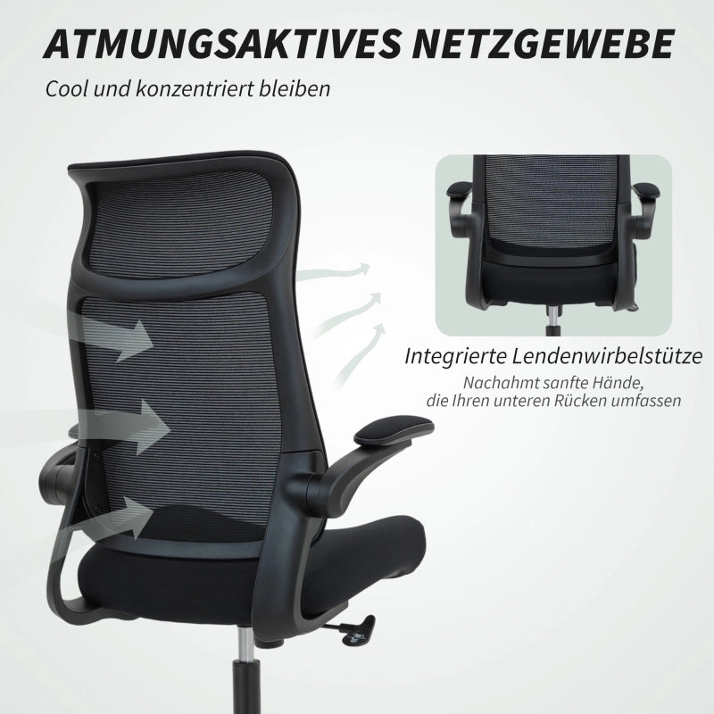 Sedia da ufficio ergonomica con braccioli regolabili, schienale in rete traspirante, poggiatesta e reclinazione nera