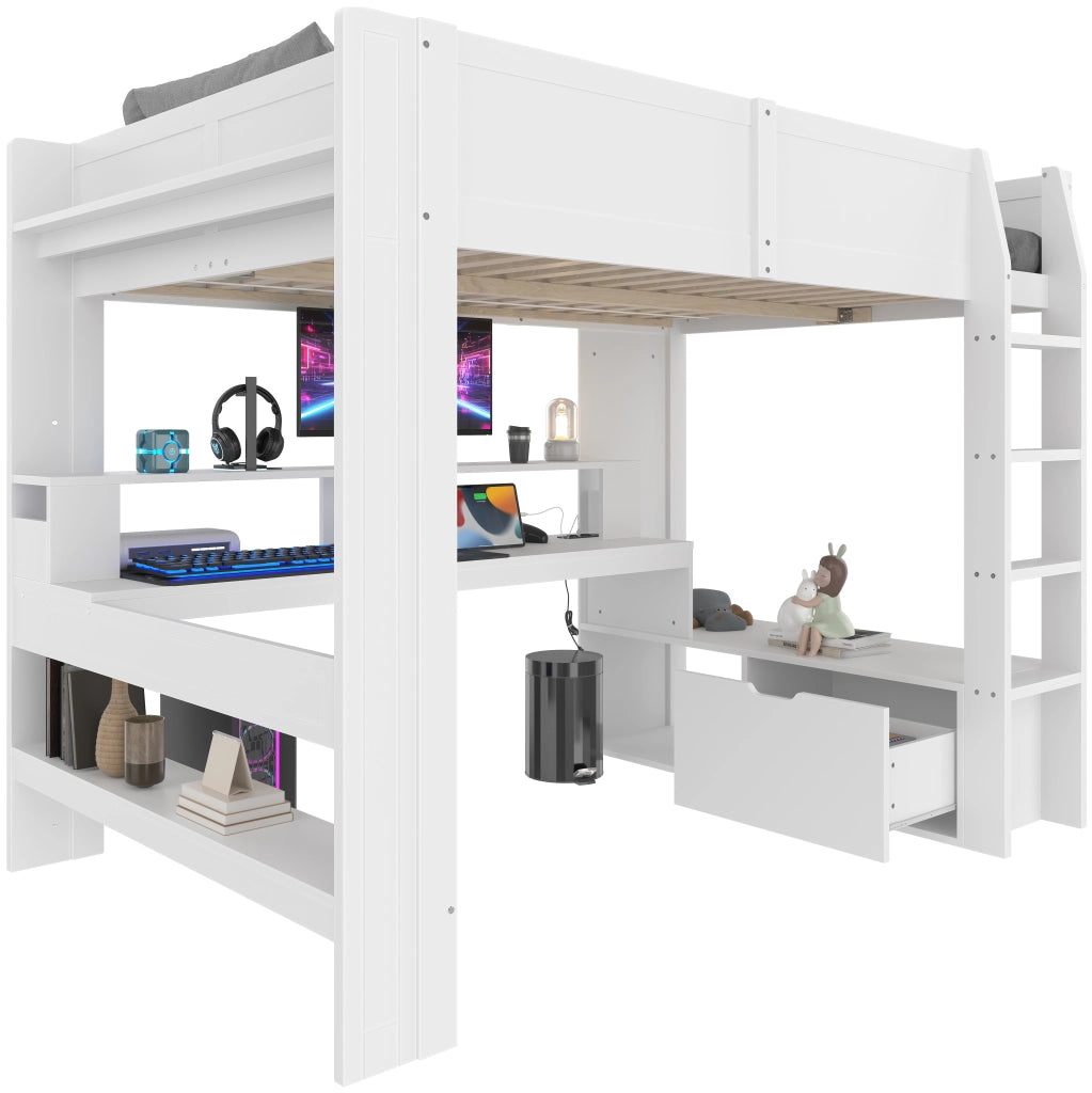 OKWISH Letto a soppalco 140×200 cm, Letto Matrimoniale con Scrivania, LED Regolabile, Cassetto e Mensole, senza Materasso, Bianco