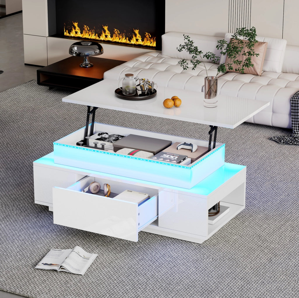 Tavolino da caff¨¨ 96x45x40 cm sollevabile con LED, cassetto e vano contenitore bianco