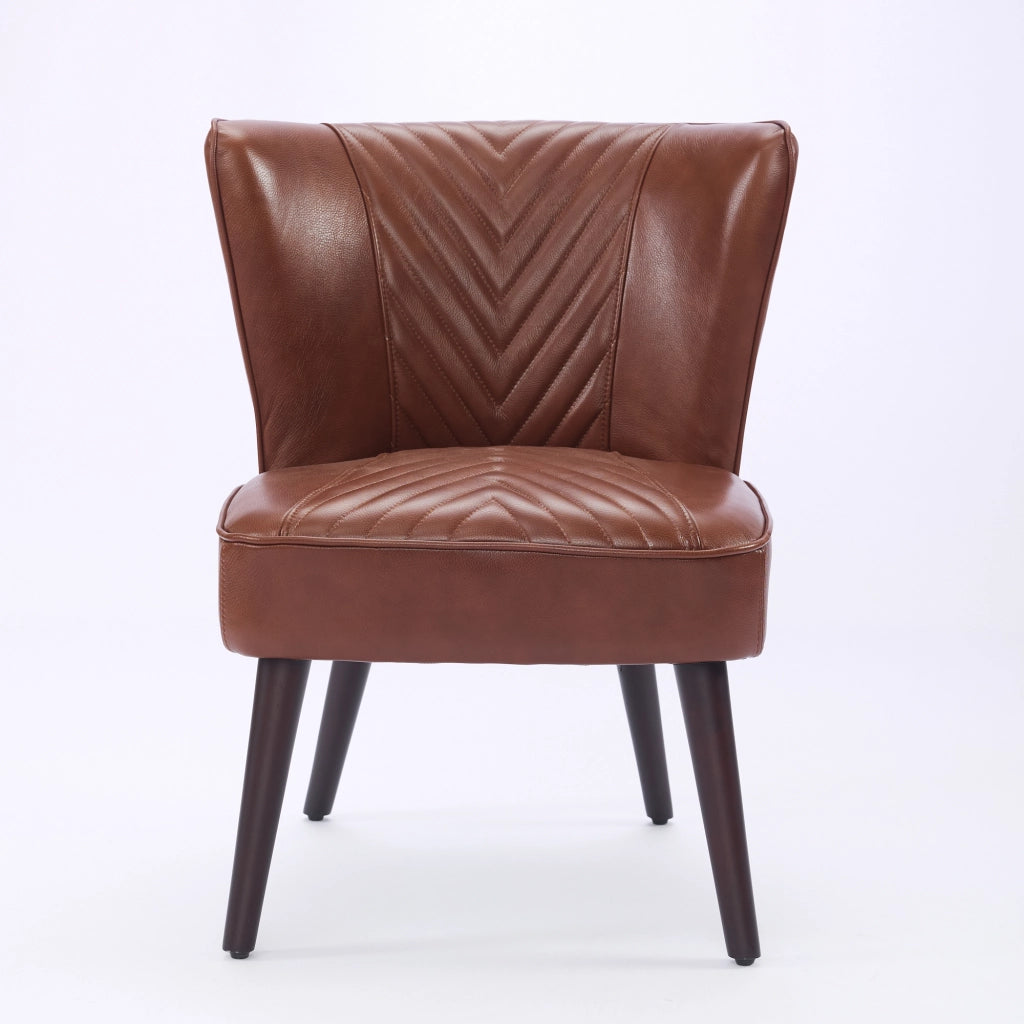 Poltrona Lounge senza Braccioli con Cuciture Diagonali a 45° e Struttura Stabile, in Pelle e Legno, Marrone