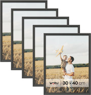 Cornice per Foto 30x40 cm Set di 5 Cornice da Parete e Tavolo, Portafoto in Legno Massello e Pannello in Plastica, Collage Foto, Nero