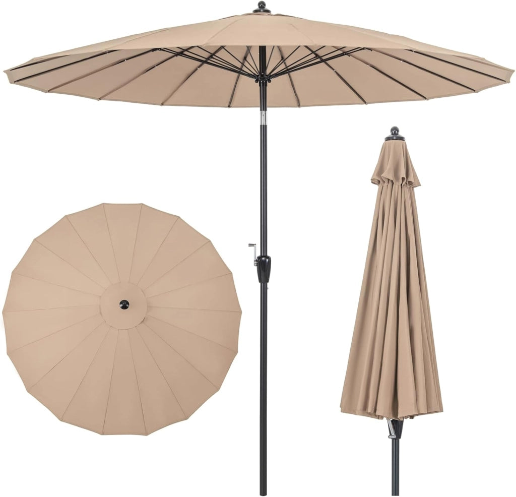 Ombrellone da Giardino Rotondo di 265 cm, Ombrellone da Patio con 18 Costole, Inclinazione a Pulsante, Parasole con Supporto in Metallo, per Cortile, Piscina, Spiaggia (Marrone)