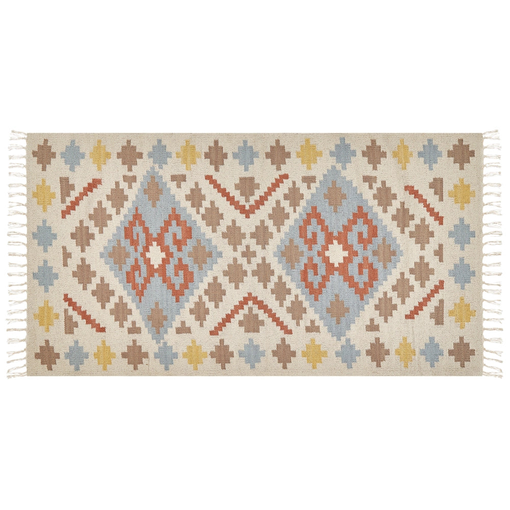 Tappeto Kilim in cotone multicolore 80 x 150 cm a pelo basso con motivi geometrici e frange Rettangolare Tradizionale