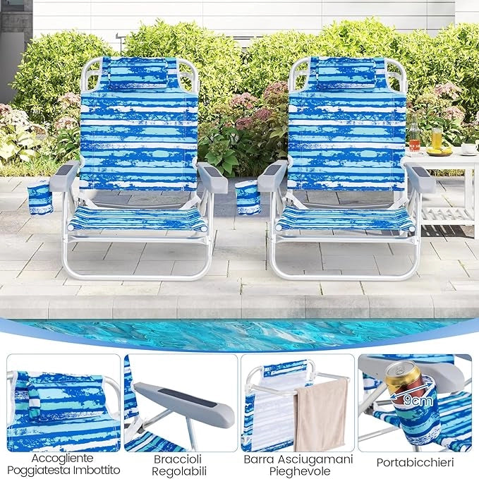 Set di 2 Sedie Pieghevole da Spiaggia, Lounge Sdraio con 5 Posizioni Regolabili, Poltrona da Mare con Cuscino, Porta Asciugamano, Braccioli & Portabicchieri, Portata 150 kg (Blu)