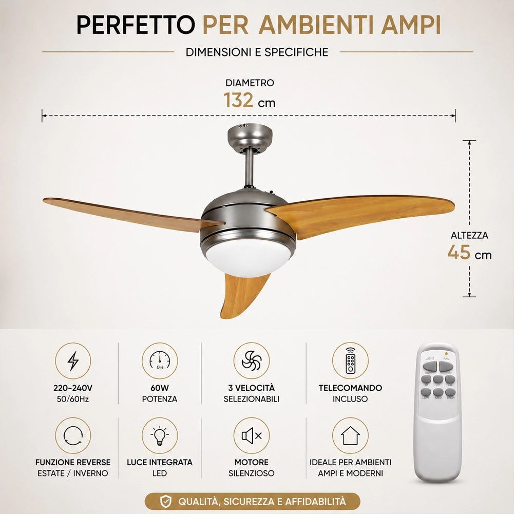 Ventilatore A Soffitto Con 3 Pale In Legno 3 Velocita Con Luce e Telecomando DCG
