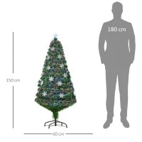 Albero di Natale Artificiale 150cm con Fibre Ottiche e 21 Luci LED, Decorazioni a Forma di Fiocco di Neve, Verde