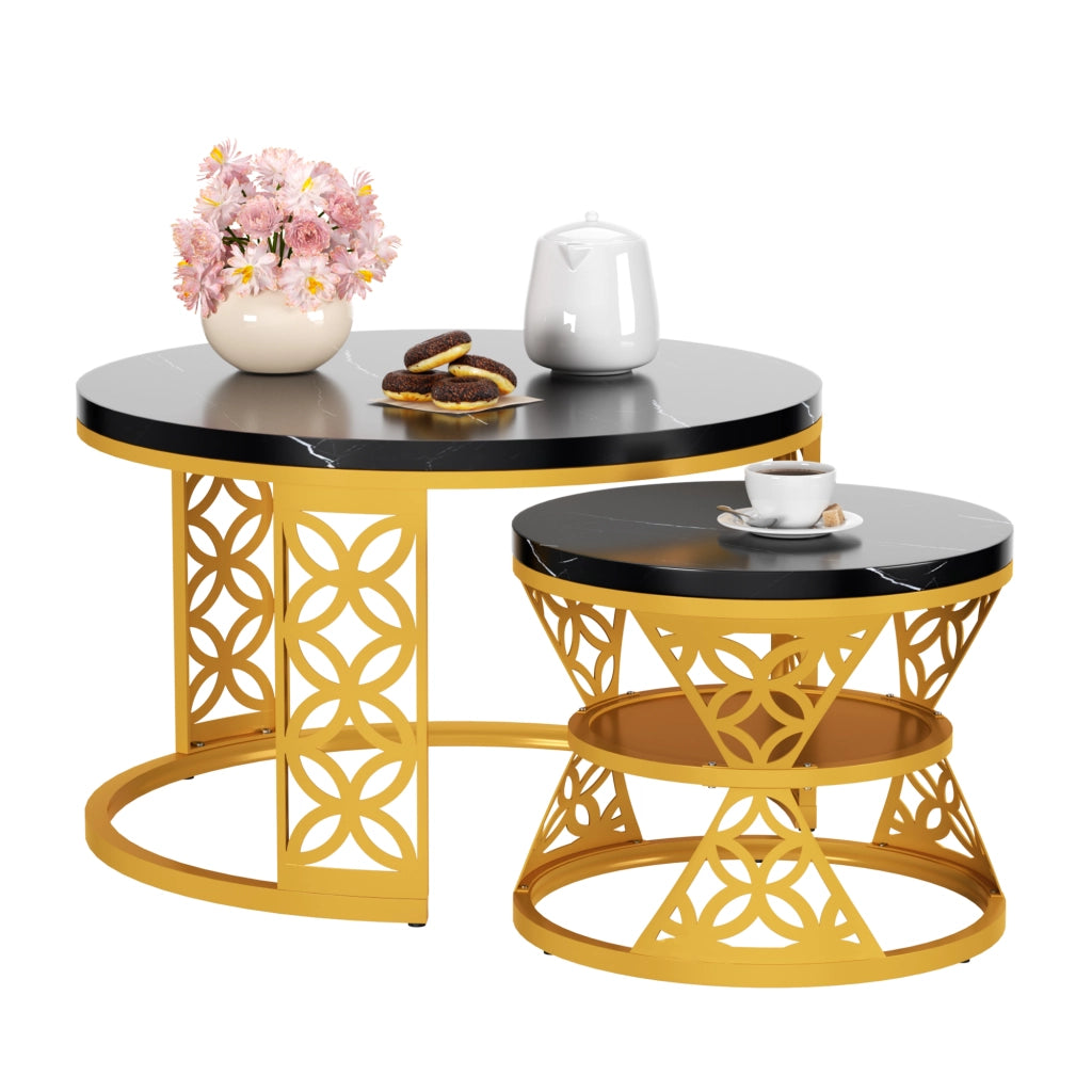TAVOLINO DA CAFFÈ Set 2 Pezzi 70x70x45 cm Piano Nero Effetto Marmo con Struttura Color Oro