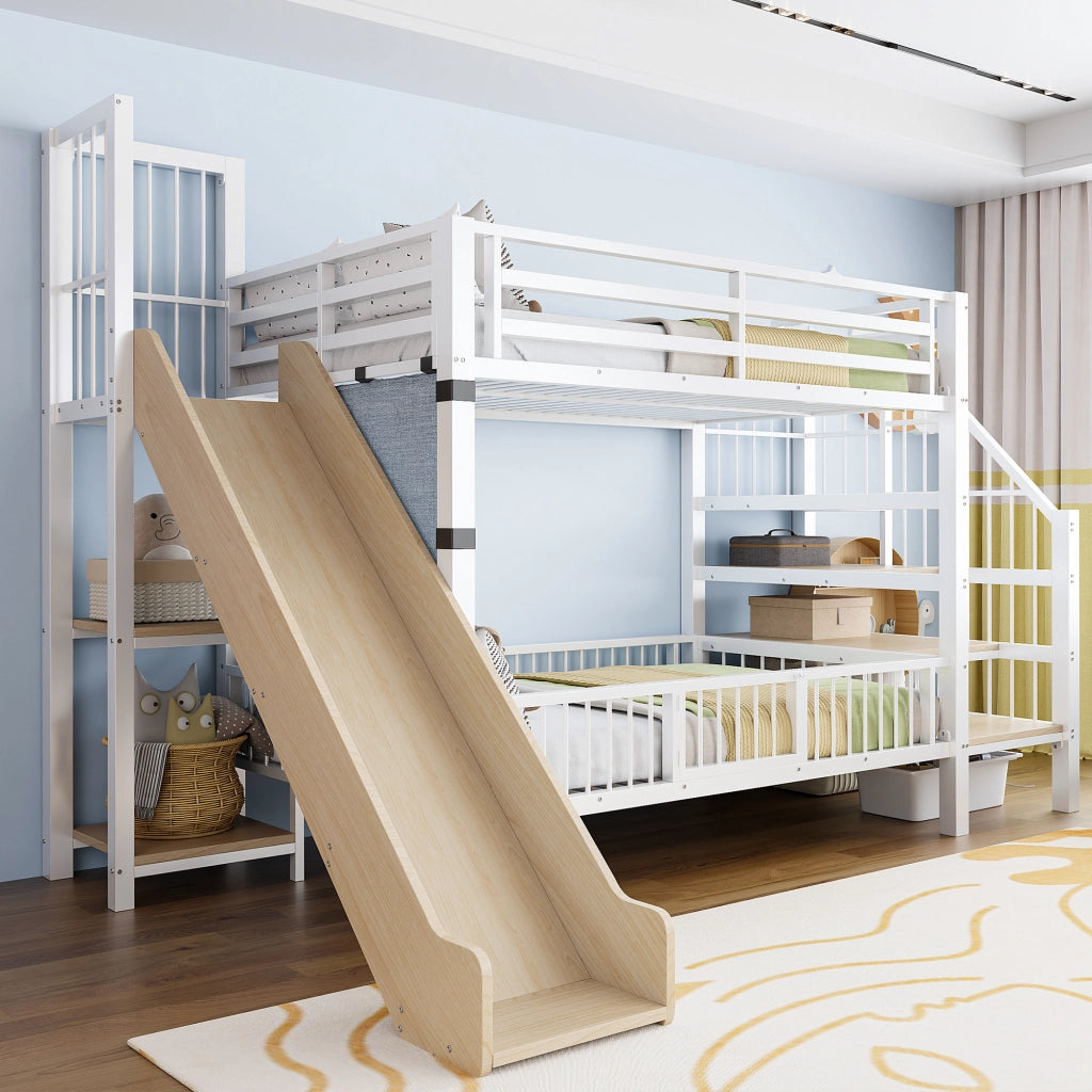 OKWISH Letto a soppalco 90×200 cm, Letto Singolo con Contenitore, Mensole, Scivolo e Scala, senza Materasso, in Metallo, Bianco