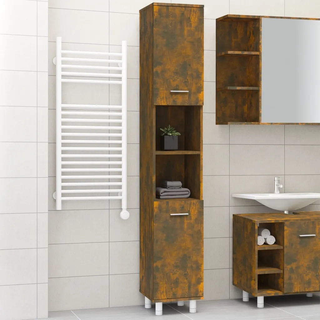Armadietto Bagno | Armadio da bagno Rovere Fumo 30x30x179 cm in Legno Multistrato