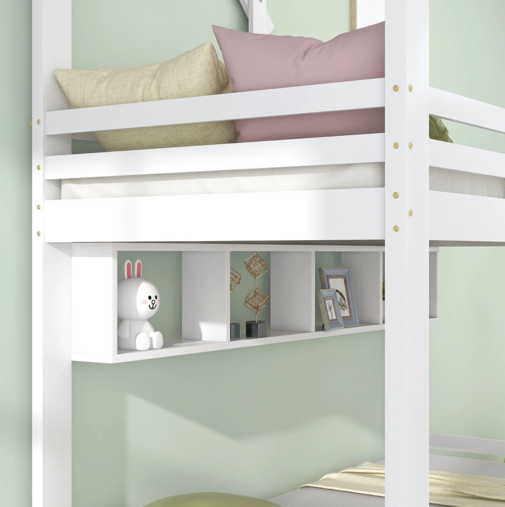 Letto a castello con cassetti e mensole, struttura in legno, bianco 90x200 cm