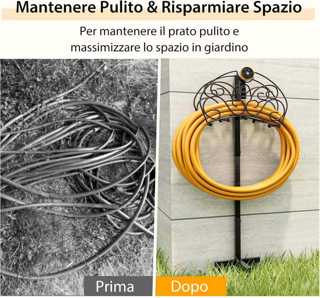 Supporto per Tubo da Giardino, Porta Tubo da Terra in Metallo con 3 Punti di Ancoraggio, Supporto per Tubo Staccabile per Giardino, Prato, Nero