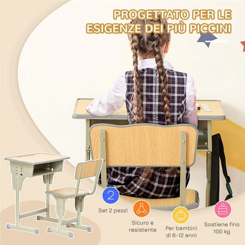 BANCO SCUOLA CON SEDIA PER BAMBINI 6-12 ANNI ALTEZZA REGOLABILE IN LEGNO