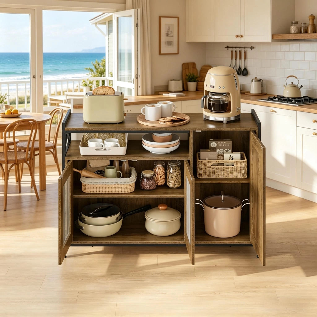 Credenza e madia con vano aperto e 2 ante, per cucina e soggiorno, in legno e metallo, marrone, 110 × 33 × 75 cm