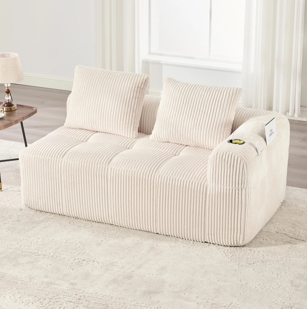 Divano a 2 posti in tessuto a coste beige con tasche laterali e portabicchieri 158 x 93 x 61 cm